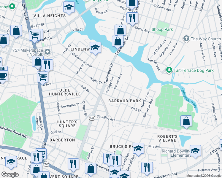 map of restaurants, bars, coffee shops, grocery stores, and more near 1024 Wall Street in Norfolk