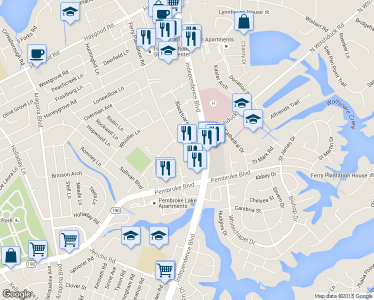 map of restaurants, bars, coffee shops, grocery stores, and more near 717 Independence Boulevard in Virginia Beach