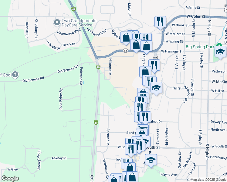 map of restaurants, bars, coffee shops, grocery stores, and more near Gayle Dr in Neosho