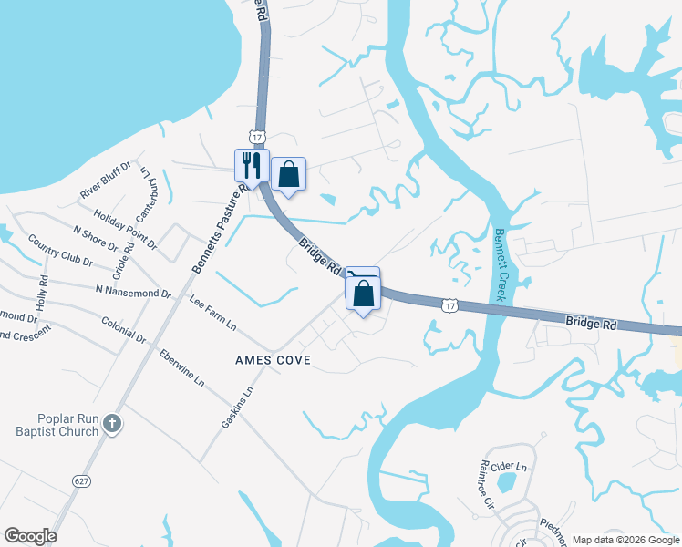 map of restaurants, bars, coffee shops, grocery stores, and more near 3101 Bridge Road in Suffolk
