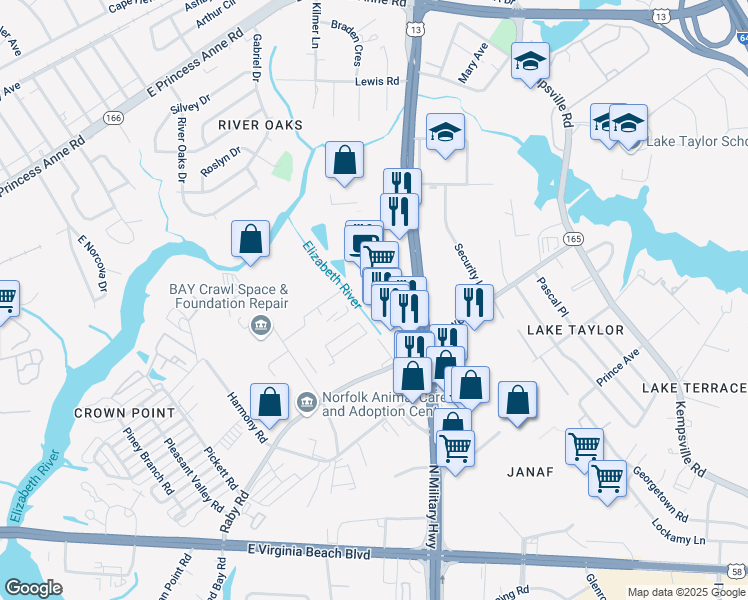 map of restaurants, bars, coffee shops, grocery stores, and more near 1235 North Military Highway in Norfolk