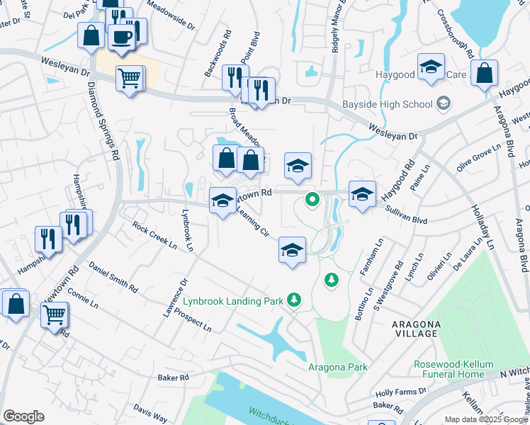 map of restaurants, bars, coffee shops, grocery stores, and more near 5447 Cleeve Abbey in Virginia Beach