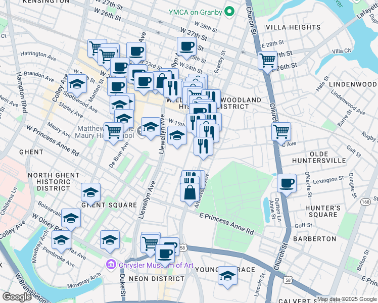 map of restaurants, bars, coffee shops, grocery stores, and more near Granby St & E 17th St in Norfolk