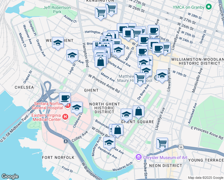 map of restaurants, bars, coffee shops, grocery stores, and more near 631 West Princess Anne Road in Norfolk