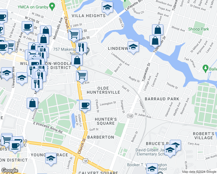 map of restaurants, bars, coffee shops, grocery stores, and more near 871 B Avenue in Norfolk