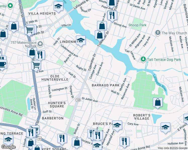 map of restaurants, bars, coffee shops, grocery stores, and more near 1065 Rugby Street in Norfolk