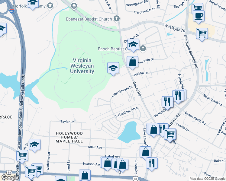 map of restaurants, bars, coffee shops, grocery stores, and more near 705 Roxbury Place in Virginia Beach