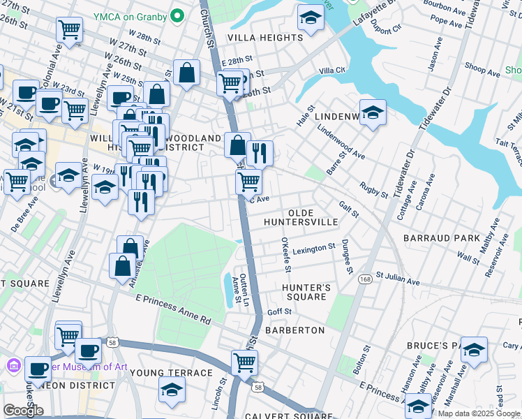 map of restaurants, bars, coffee shops, grocery stores, and more near 732 B Avenue in Norfolk