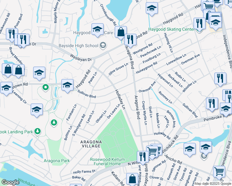 map of restaurants, bars, coffee shops, grocery stores, and more near 5001 Sullivan Blvd in Virginia Beach