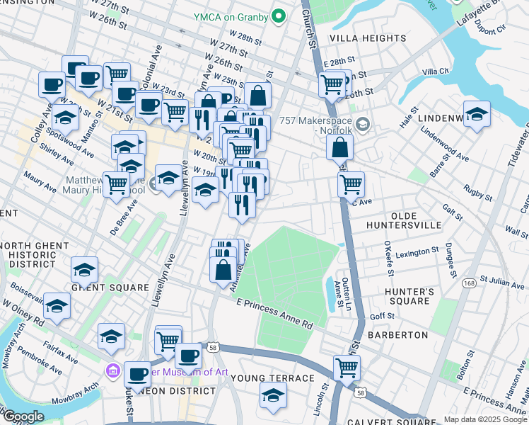 map of restaurants, bars, coffee shops, grocery stores, and more near 509 East 18th Street in Norfolk
