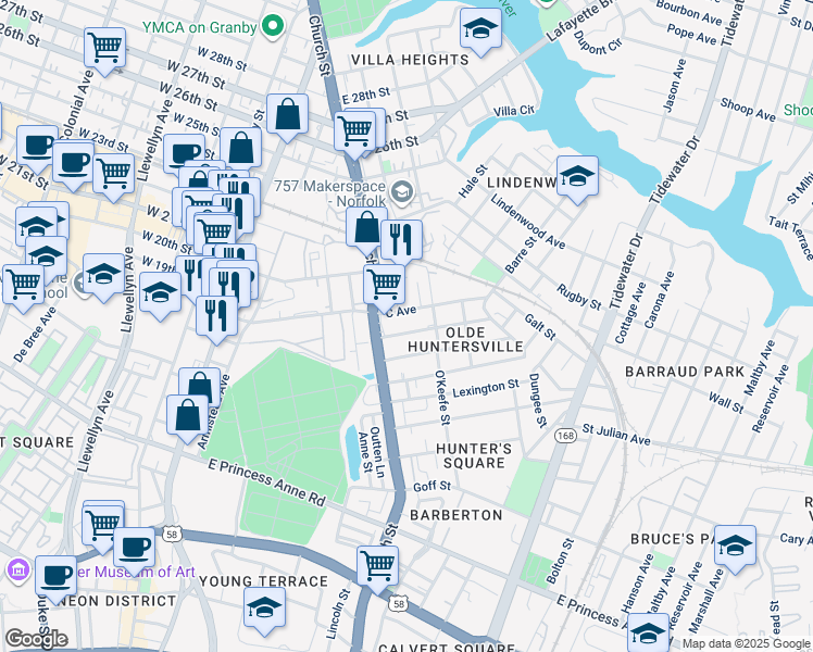 map of restaurants, bars, coffee shops, grocery stores, and more near 738 B Avenue in Norfolk
