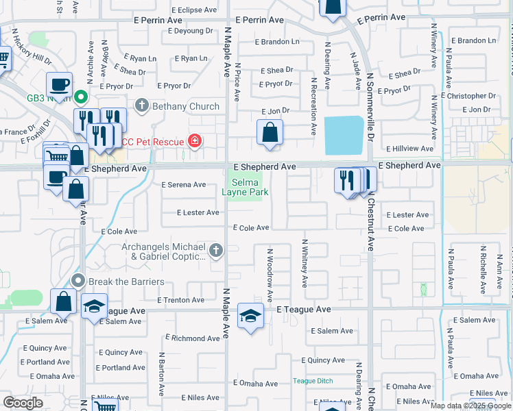 map of restaurants, bars, coffee shops, grocery stores, and more near 2057 East Lester Avenue in Fresno