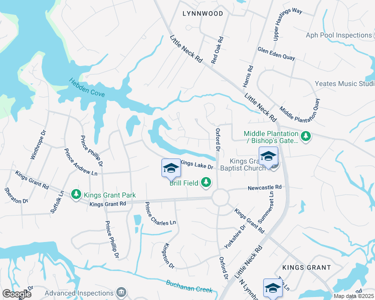 map of restaurants, bars, coffee shops, grocery stores, and more near 3520 Kings Lake Drive in Virginia Beach