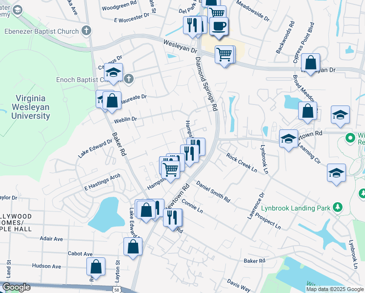 map of restaurants, bars, coffee shops, grocery stores, and more near 5604 Bentley Court in Virginia Beach