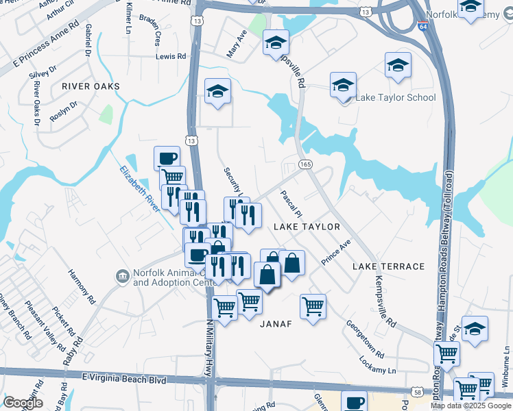 map of restaurants, bars, coffee shops, grocery stores, and more near 3501 Lowery Road in Norfolk