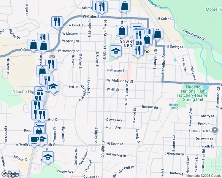 map of restaurants, bars, coffee shops, grocery stores, and more near 514 McQuarry in Neosho