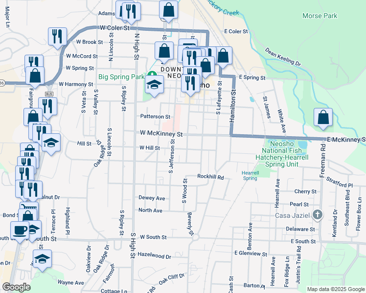 map of restaurants, bars, coffee shops, grocery stores, and more near 416 West Hill Street in Neosho