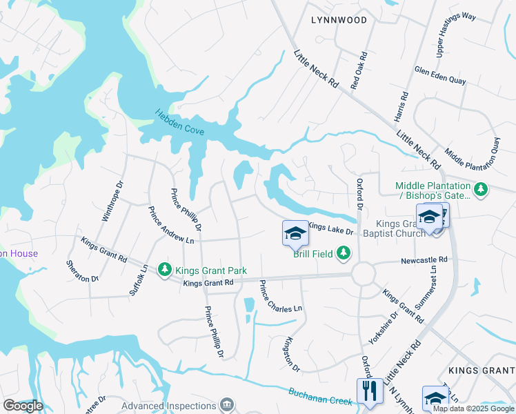 map of restaurants, bars, coffee shops, grocery stores, and more near 3617 Kings Lake Drive in Virginia Beach