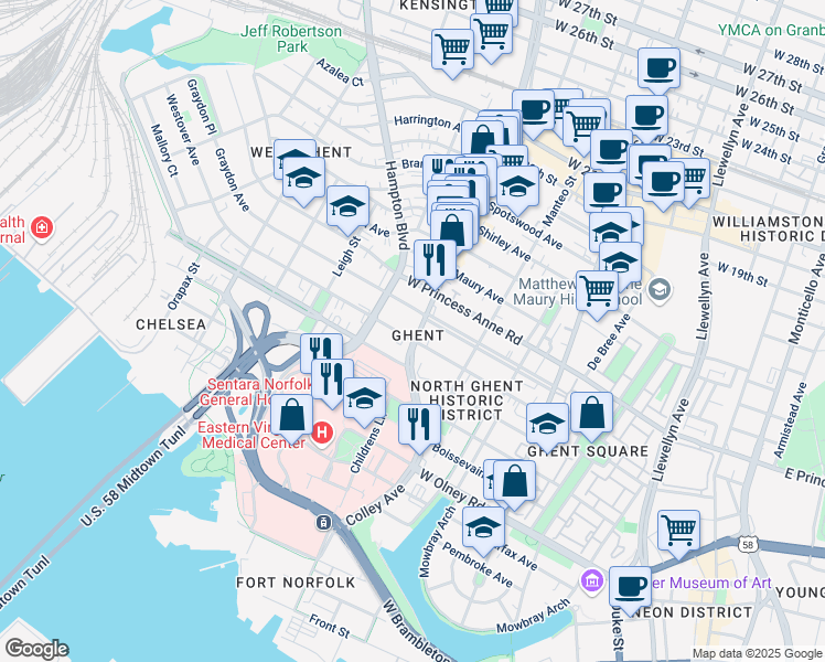 map of restaurants, bars, coffee shops, grocery stores, and more near 1003 Colley Avenue in Norfolk