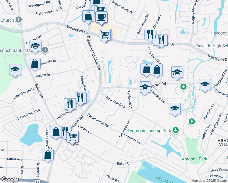 map of restaurants, bars, coffee shops, grocery stores, and more near 5565 Taylors Walke Lane in Virginia Beach
