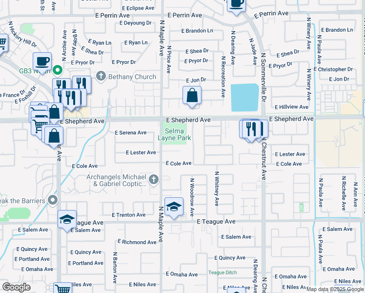 map of restaurants, bars, coffee shops, grocery stores, and more near 2057 East Lester Avenue in Fresno