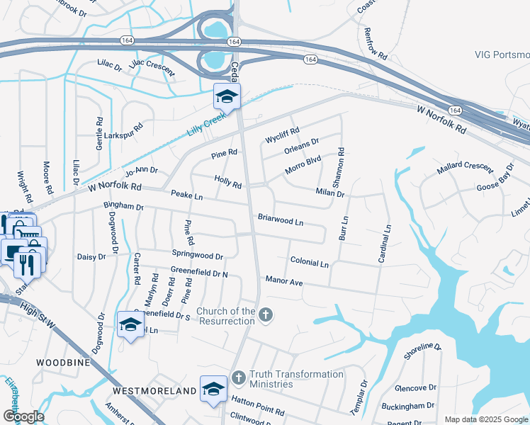 map of restaurants, bars, coffee shops, grocery stores, and more near 4900 Briarwood Lane in Portsmouth