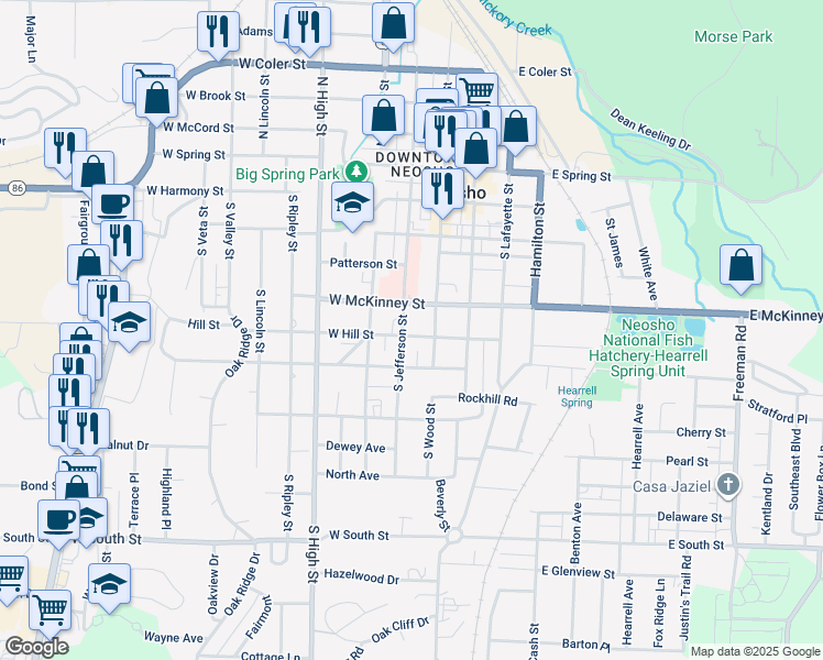 map of restaurants, bars, coffee shops, grocery stores, and more near 416 West Hill Street in Neosho