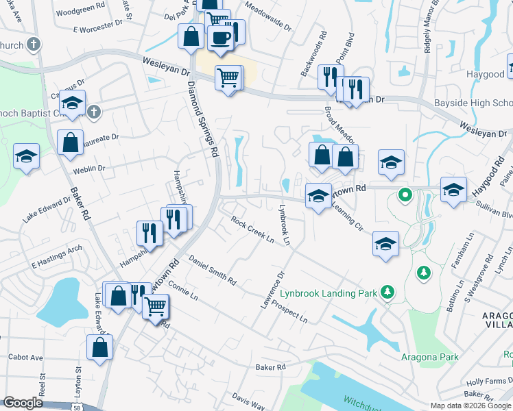 map of restaurants, bars, coffee shops, grocery stores, and more near 818SU Newtown Road in Virginia Beach
