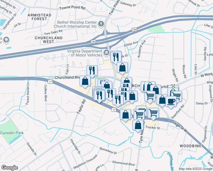 map of restaurants, bars, coffee shops, grocery stores, and more near 3802 Poplar Hill Road in Chesapeake