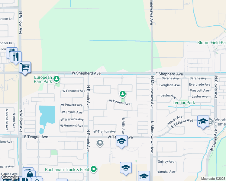 map of restaurants, bars, coffee shops, grocery stores, and more near 259 West Powers Avenue in Clovis