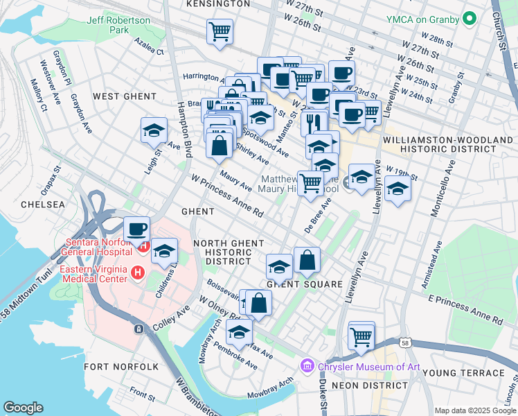 map of restaurants, bars, coffee shops, grocery stores, and more near 604 Graydon Avenue in Norfolk
