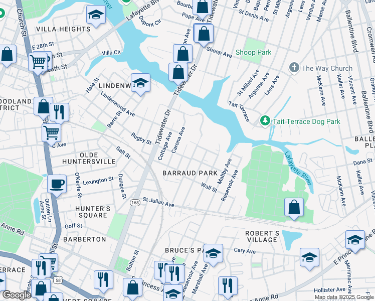 map of restaurants, bars, coffee shops, grocery stores, and more near 2318 Bolton Street in Norfolk