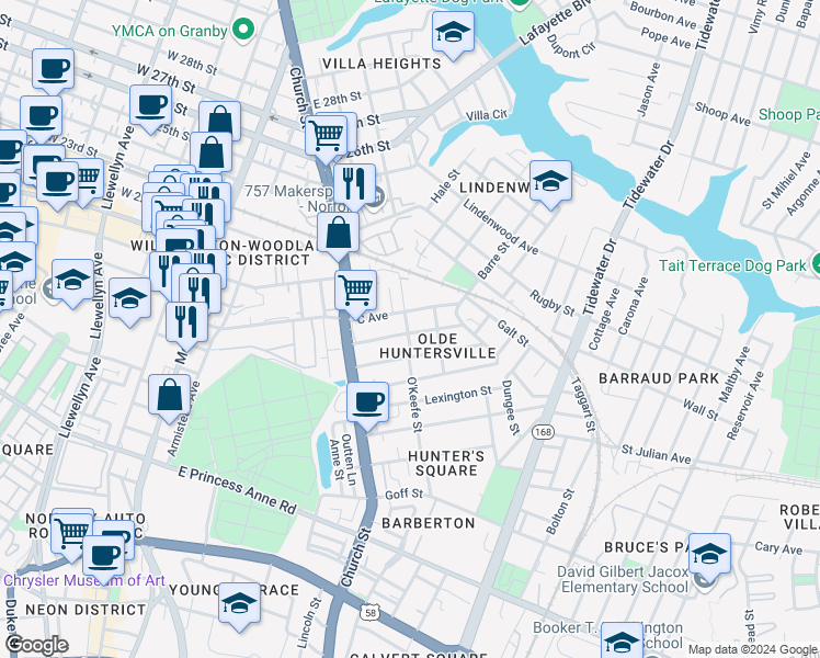 map of restaurants, bars, coffee shops, grocery stores, and more near 800 B Avenue in Norfolk