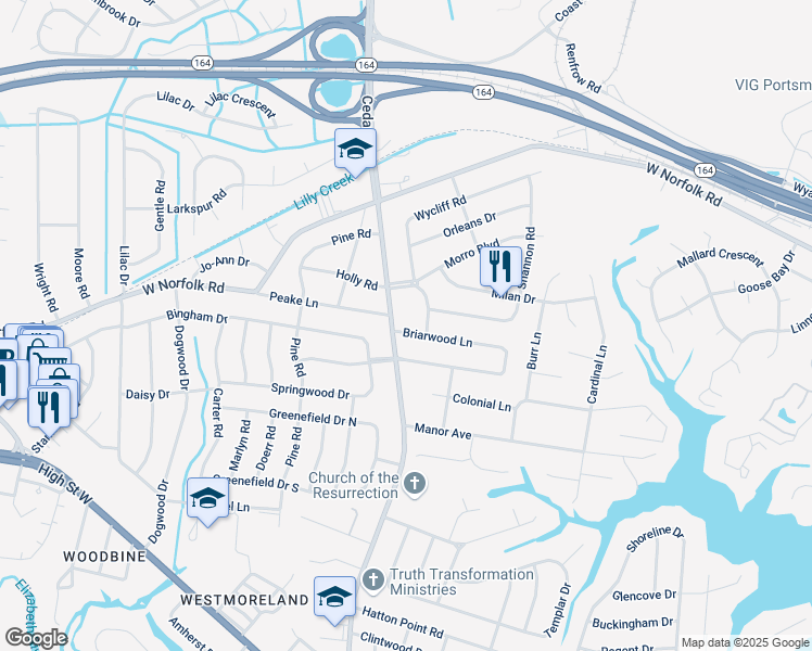 map of restaurants, bars, coffee shops, grocery stores, and more near 4900 Briarwood Lane in Portsmouth