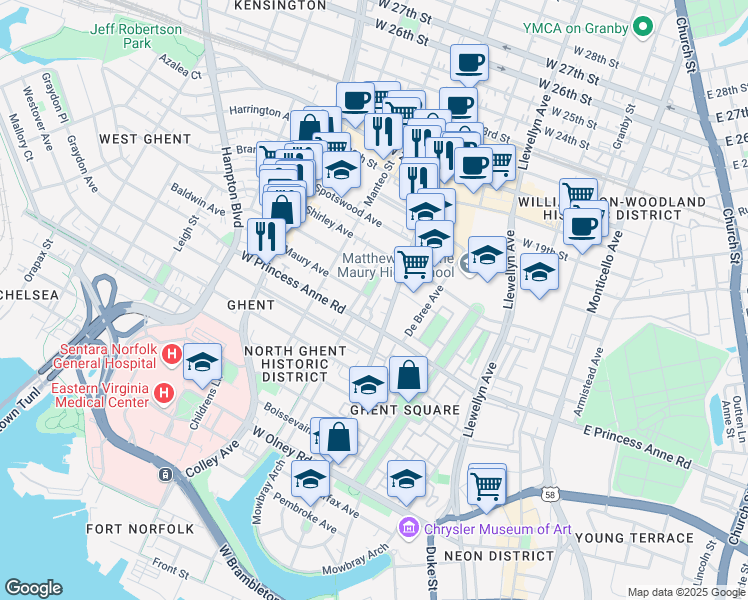 map of restaurants, bars, coffee shops, grocery stores, and more near 1300 Stockley Gardens in Norfolk