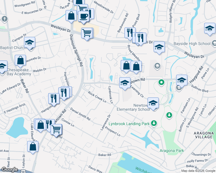 map of restaurants, bars, coffee shops, grocery stores, and more near 838 Newtown Road in Virginia Beach