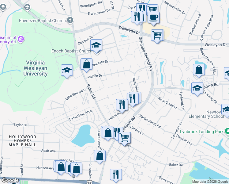 map of restaurants, bars, coffee shops, grocery stores, and more near 5669 Caxton Court in Virginia Beach