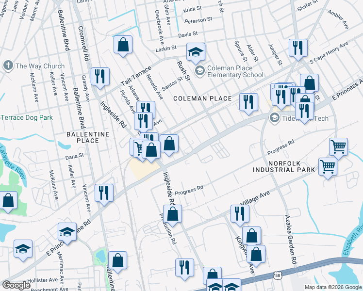 map of restaurants, bars, coffee shops, grocery stores, and more near 3502 East Princess Anne Road in Norfolk