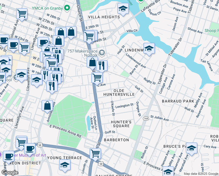 map of restaurants, bars, coffee shops, grocery stores, and more near 774 B Avenue in Norfolk