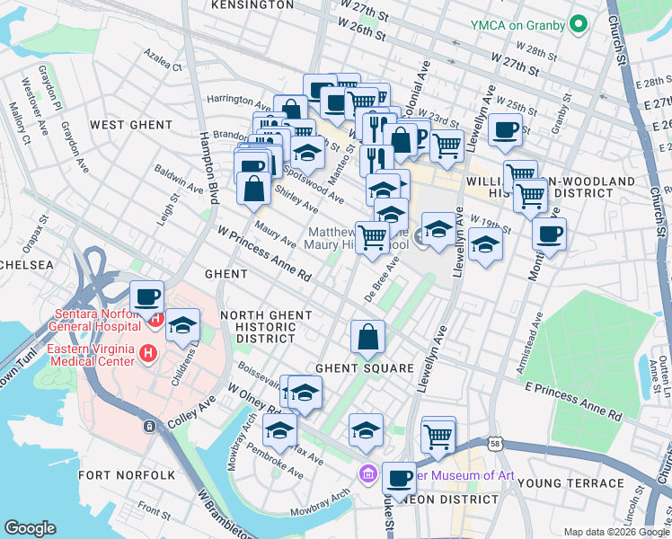 map of restaurants, bars, coffee shops, grocery stores, and more near 1207 Colonial Avenue in Norfolk