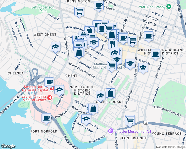 map of restaurants, bars, coffee shops, grocery stores, and more near 604 Graydon Avenue in Norfolk