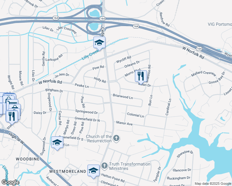 map of restaurants, bars, coffee shops, grocery stores, and more near 4900 Briarwood Lane in Portsmouth