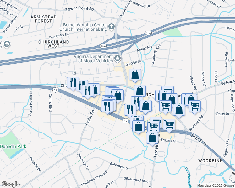 map of restaurants, bars, coffee shops, grocery stores, and more near 3802 Poplar Hill Road in Chesapeake