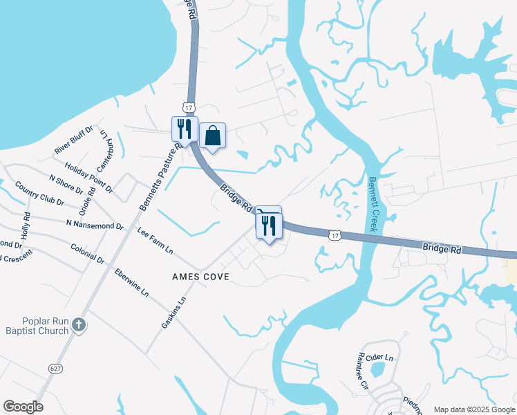 map of restaurants, bars, coffee shops, grocery stores, and more near 3131 Bridge Road in Suffolk