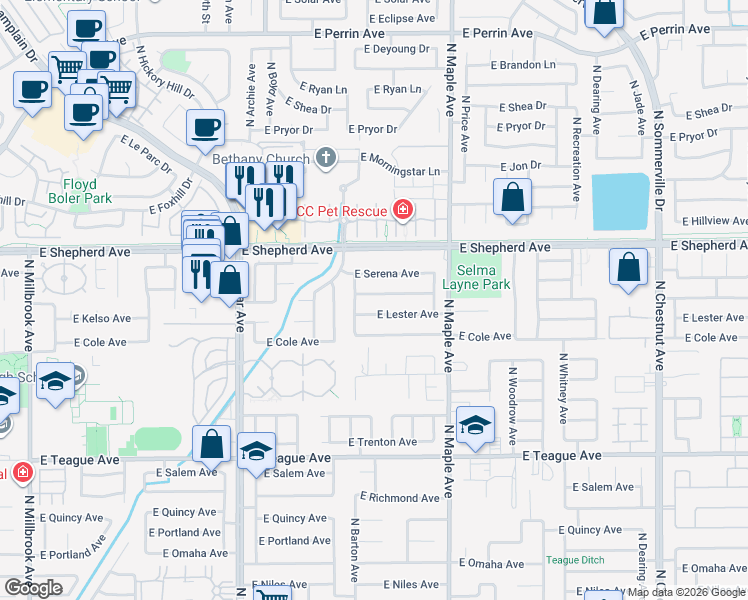 map of restaurants, bars, coffee shops, grocery stores, and more near 1805 East Lester Avenue in Fresno