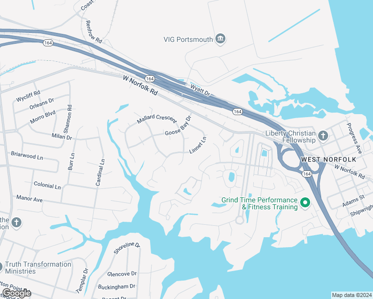 map of restaurants, bars, coffee shops, grocery stores, and more near 3700 Linnet Lane in Portsmouth