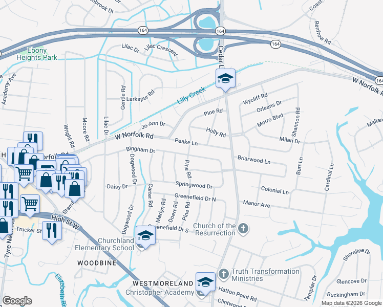 map of restaurants, bars, coffee shops, grocery stores, and more near 5532 Briarwood Lane in Portsmouth