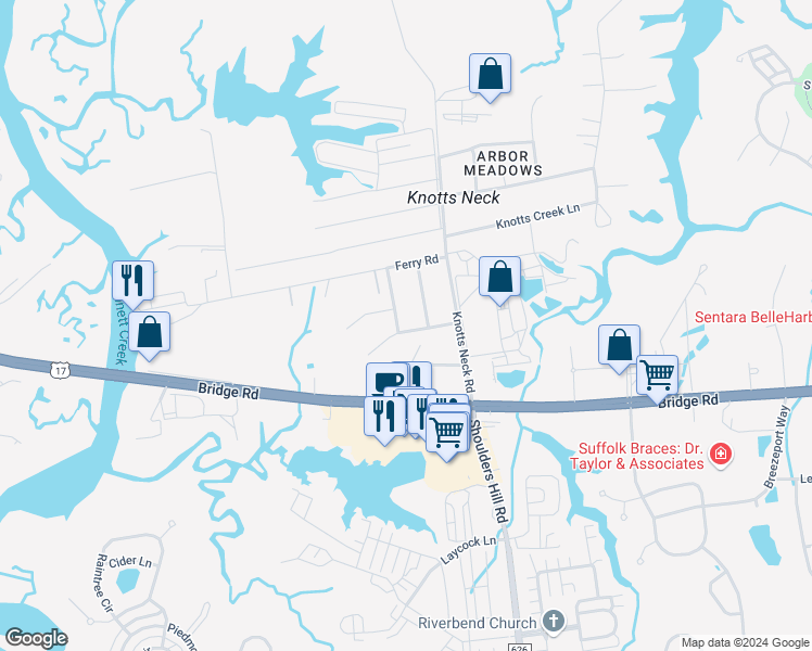 map of restaurants, bars, coffee shops, grocery stores, and more near 5817 Walden Road in Suffolk