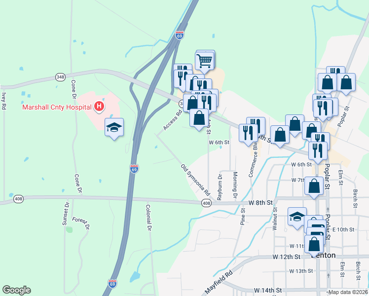map of restaurants, bars, coffee shops, grocery stores, and more near 468-666 Old Symsonia Road in Benton