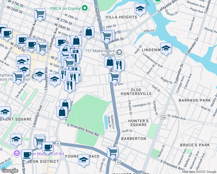 map of restaurants, bars, coffee shops, grocery stores, and more near in Norfolk
